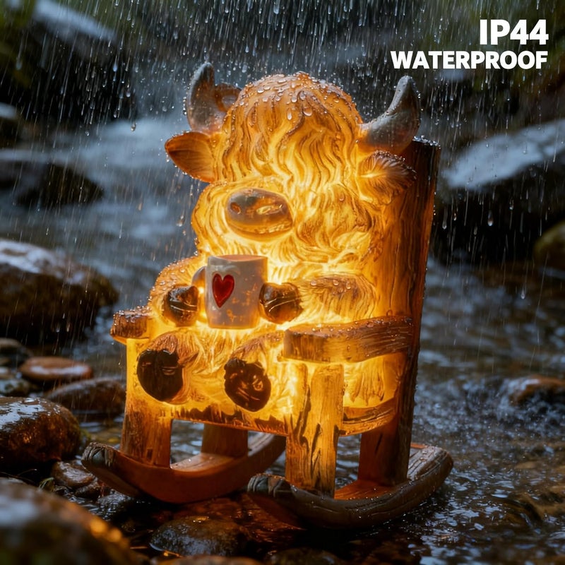 LIULO TOOL Light Up Highland Cow Figurines Garden Decor, Solar Powered Resin Scottish Highland Cow Sitting on Chair Statue, Cute Centerpiece Figurine Decoration for Garden Patio Gifts - Image 3